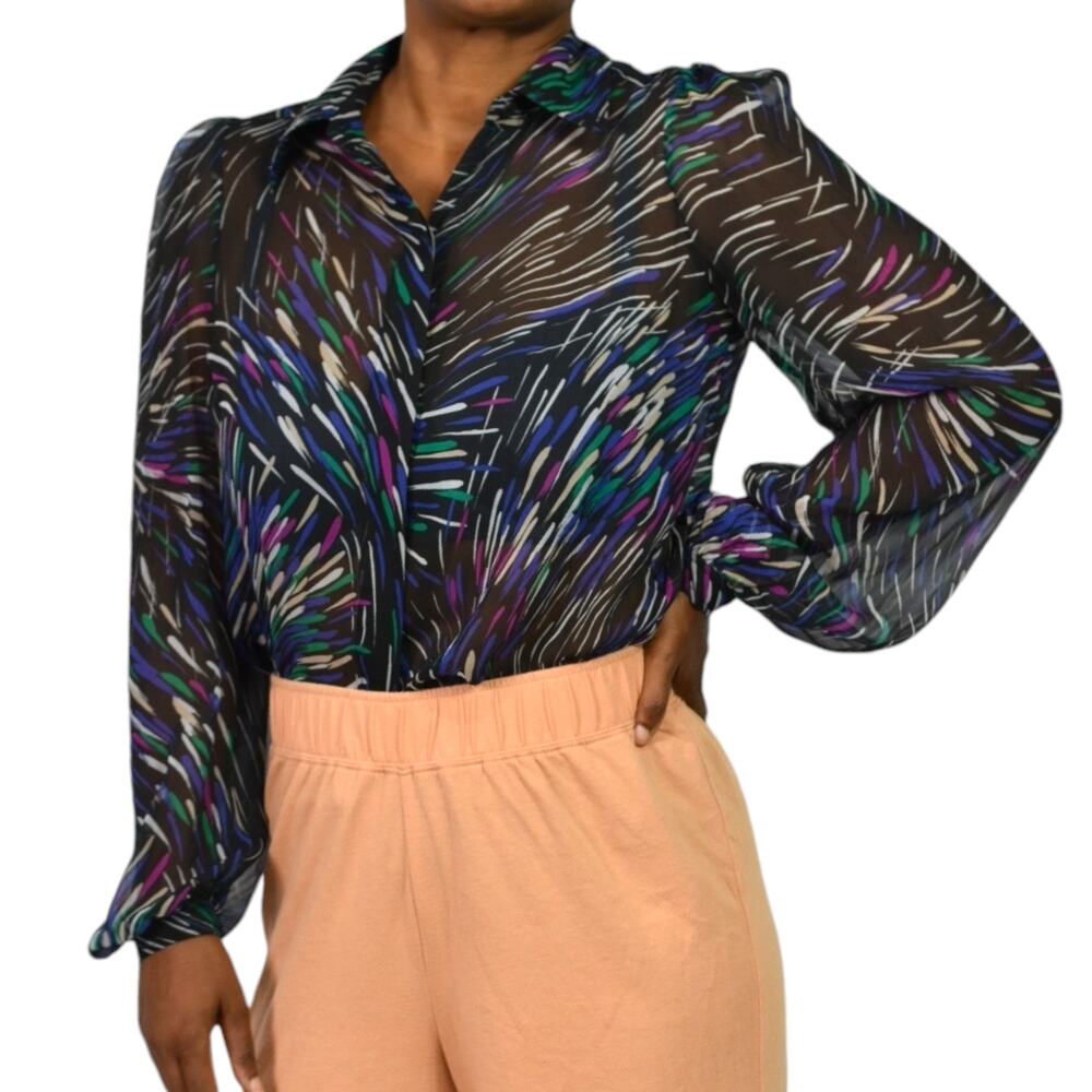 Equipment Linneta Silk Shirt Black Print Sheer Chiffon Button Down Blouse Small